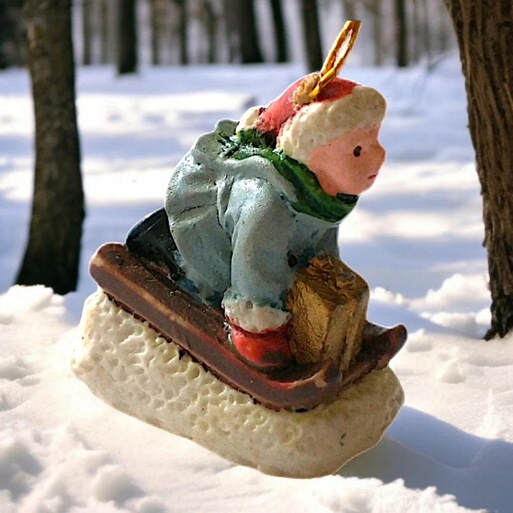 Vintage Victorian Child‎ On Sled Ornament Mini Micro Diorama Christmas Porcelain